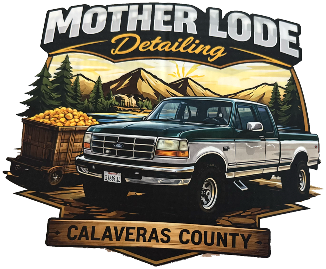 Mother Lode Detailing logo: a green and white Ford pickup beside an ore cart full of gold, under a Calaveras County sign